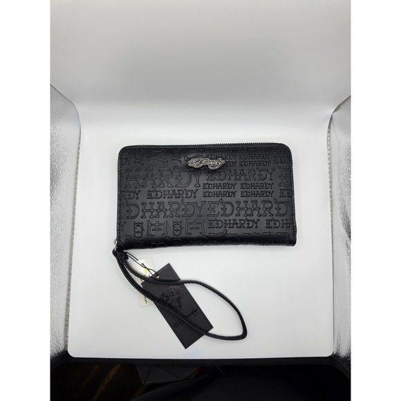 Ed Hardy Handbags - Ed Hardy Black Embossed Logo Zip Around Wristlet Wallet New with Tags